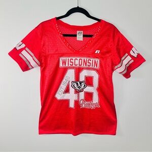 University of Wisconsin UW Badgers Red Mesh Jersey Sequined Collar Top | Size S